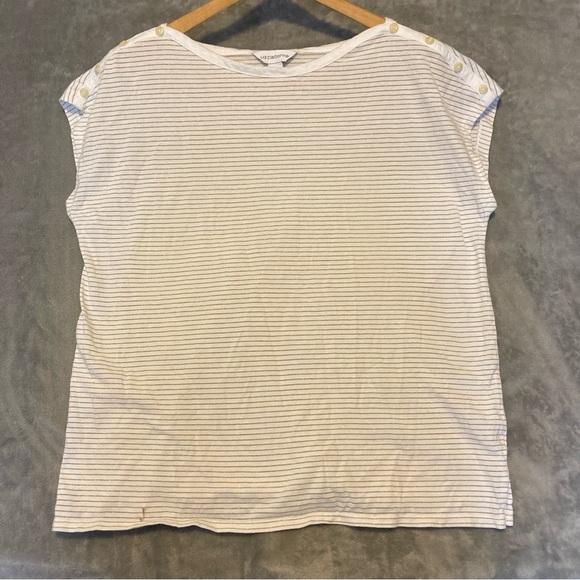 Liz Claiborne Tops - Liz Claiborne White Cap Sleeve Tee with Metallic Gold Stripes & Button Accents